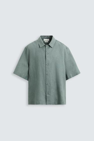 Zara 100% LINEN RELAXED FIT SHIRT - Gray green