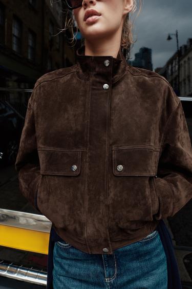 SUEDE LEATHER BOMBER JACKET WITH POCKETS - Brown marl by Zara - Image 5