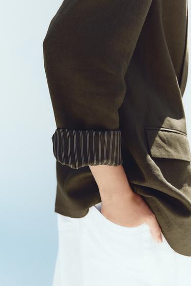 LINEN BLEND BLAZER WITH ROLLED-UP SLEEVES - Dark khaki by Zara