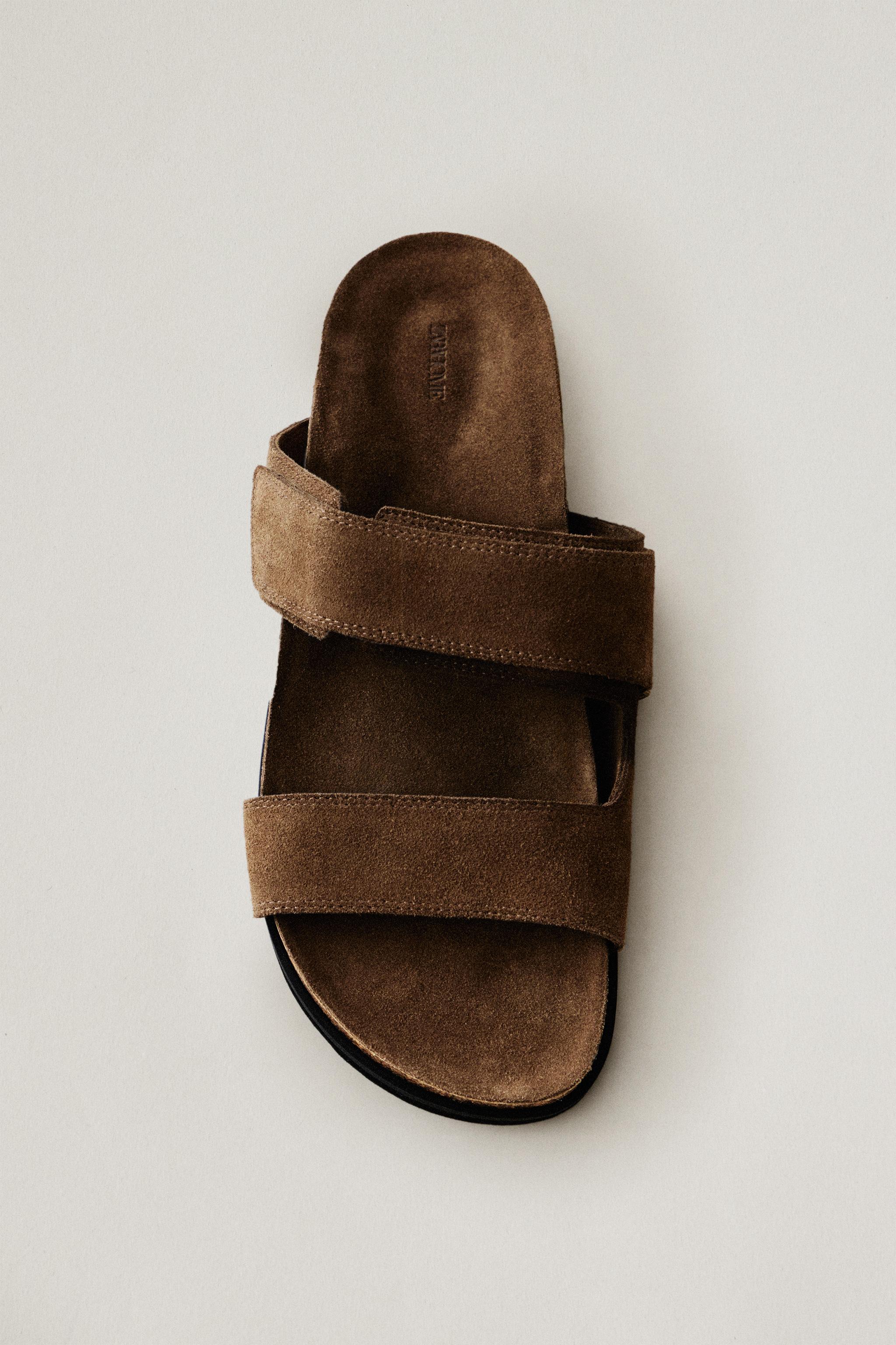 SPLIT LEATHER DOUBLE-STRAP SANDALS — Brown