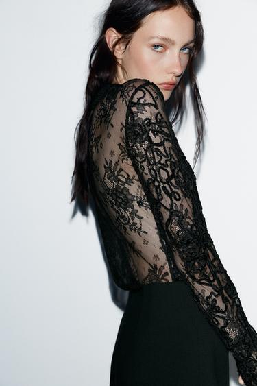 LONG SLEEVE LACE TOP - Black by Zara - Image 2