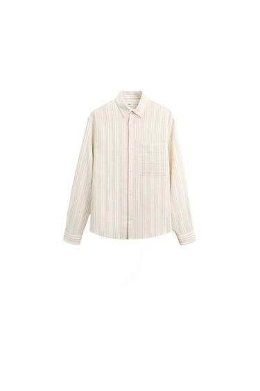 Vertical striped shirt in beige and white tones, with a classic collar and chest pocket, on a white background.