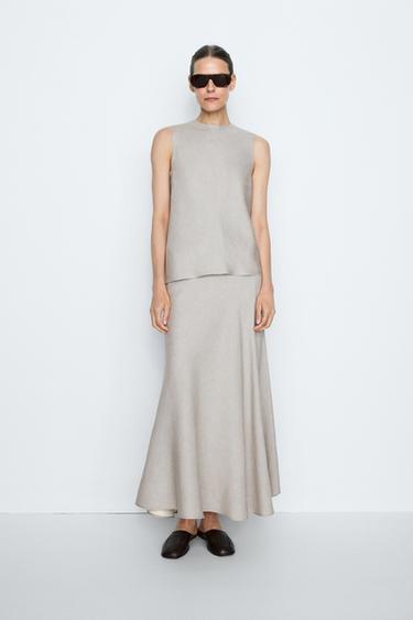Zara STUDIO Linen Blend Flounce Skirt - Stone - Image 0