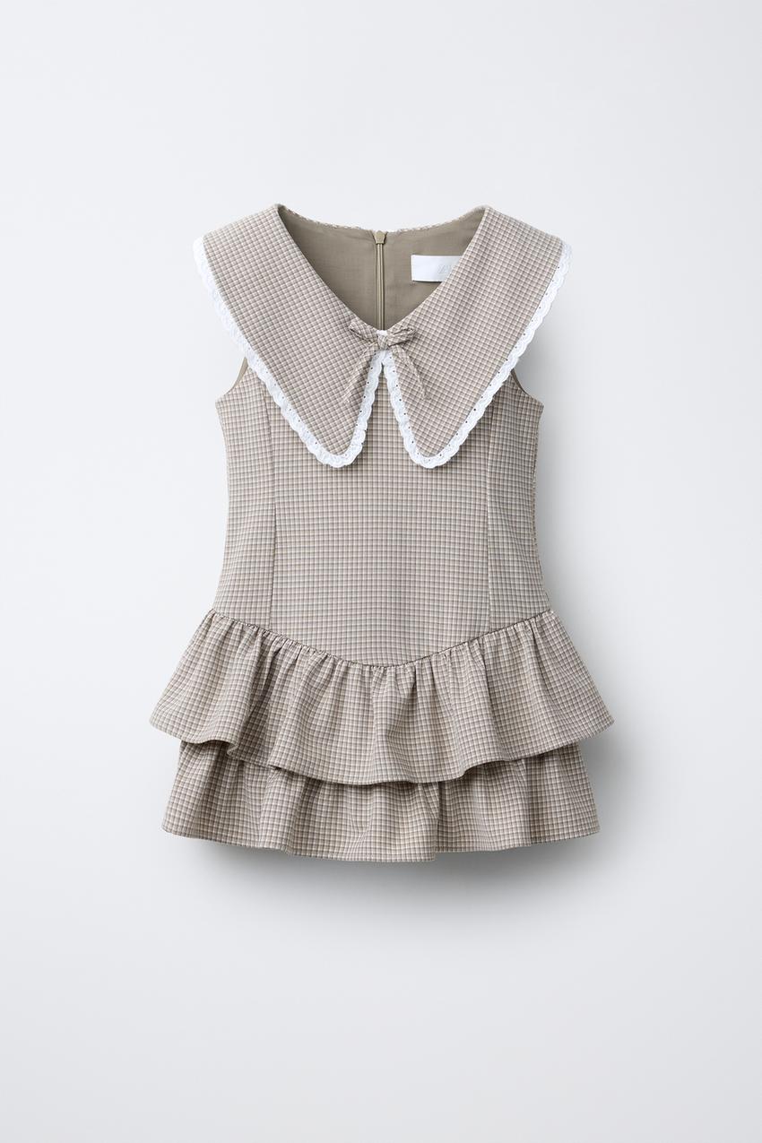 PLAID RUFFLED LACE TRIM DRESS - White / Gray | ZARA United States