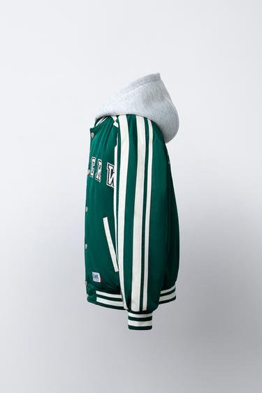 QUILTED VARSITY BOMBER JACKET WITH DETACHABLE HOOD - Green by Zara - Image 3