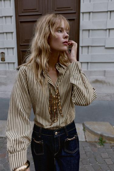 STRIPED SHIRT - ecru/khaki by Zara