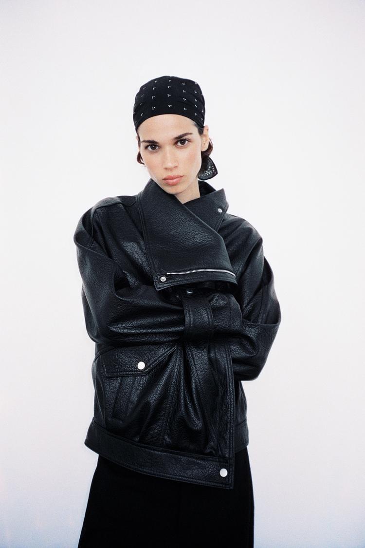 FAUX LEATHER BIKER JACKET — Black