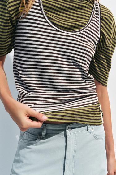 STRIPED COTTON AND LINEN TOP - Ecru / Brown by Zara