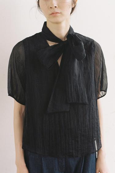 Zara 皺褶效果歐根紗罩衫 - 黑色