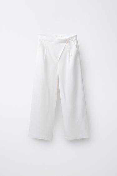 100% LINEN CROSSOVER WAIST WIDE-LEG TROUSERS - Ecru by Zara - Image 0