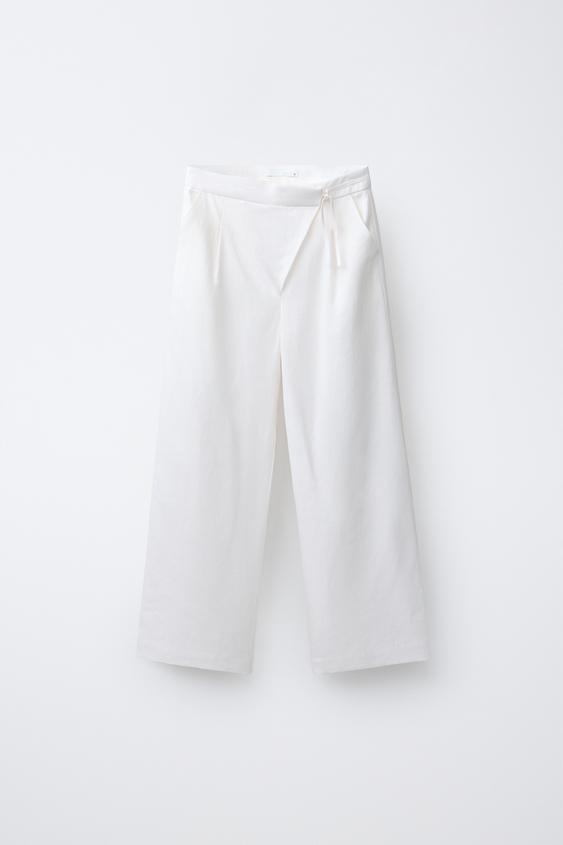 PANTALÓN WIDE LEG CINTURA CRUZADA 100% LINO - Crudo de Zara - Imagen 0