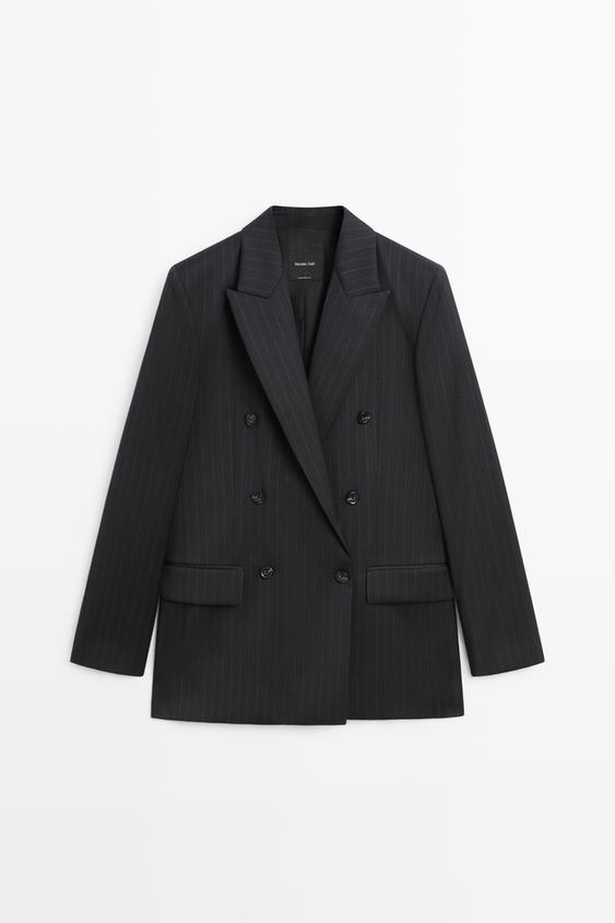 Zara 100% wool pinstripe suit blazer - Navy blue - Image 0