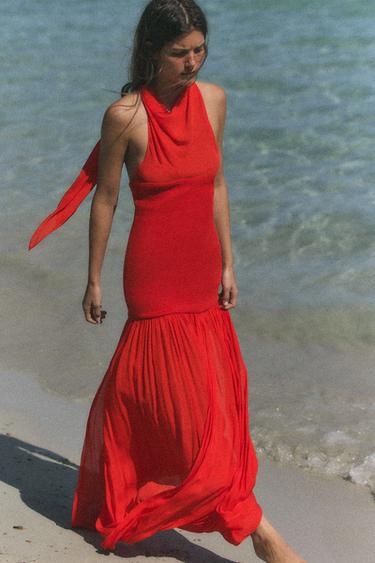 ROBE HALTER BIMATIÈRE À VOLUME - Rouge vif de Zara - Image 2