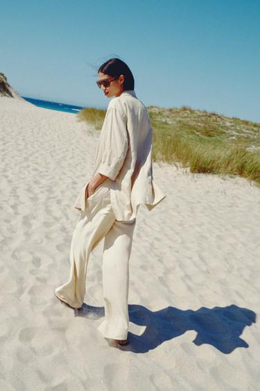 LINEN BLEND WIDE-LEG TROUSERS WITH BELT - Sand by Zara