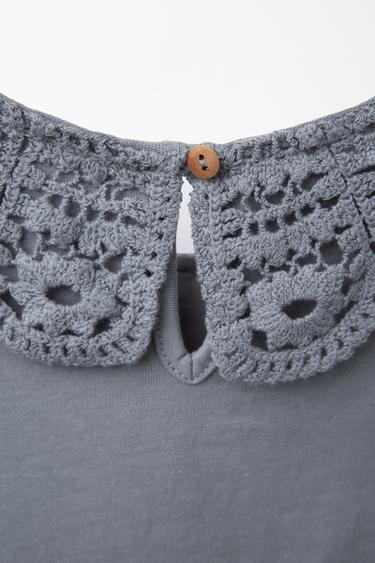 T-SHIRT COL EN CROCHET - Bleu / Gris de Zara - Image 3