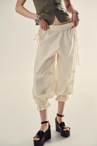PANTALON BOUFFANT PLISSÉ ET DENTELLE - Ivoire de Zara - Image 1