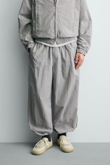 Zara 撞色側條飾科技慢跑長褲 - 淺灰色