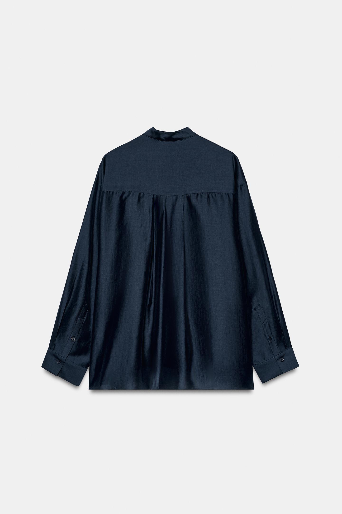 Женская рубашка Zara ZW Collection Mandarin Collar, цвет: Тёмный тёмно-синий — фото 7