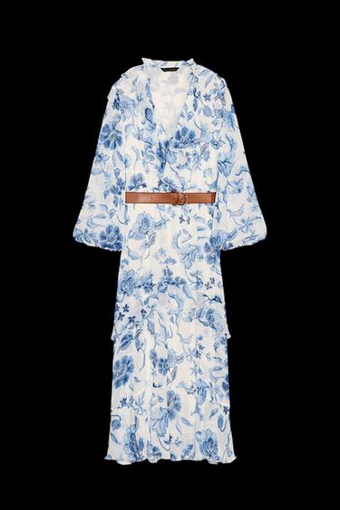 MIDIKLEID MIT PRINT UND GÜRTEL - Weiß / Himmelblau von Zara - Bild 0