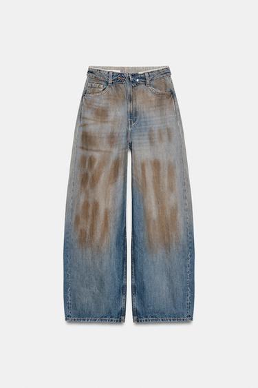 TRF 折り返しウエスト ミッドライズデニムパンツブルーZaraのTRF 折り返しウエスト ミッドライズデニムパンツ - ブルー 