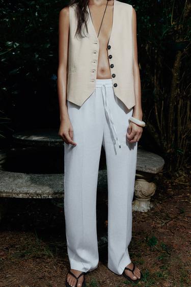 PANTALÓN RECTO CON LINO - Blanco roto de Zara