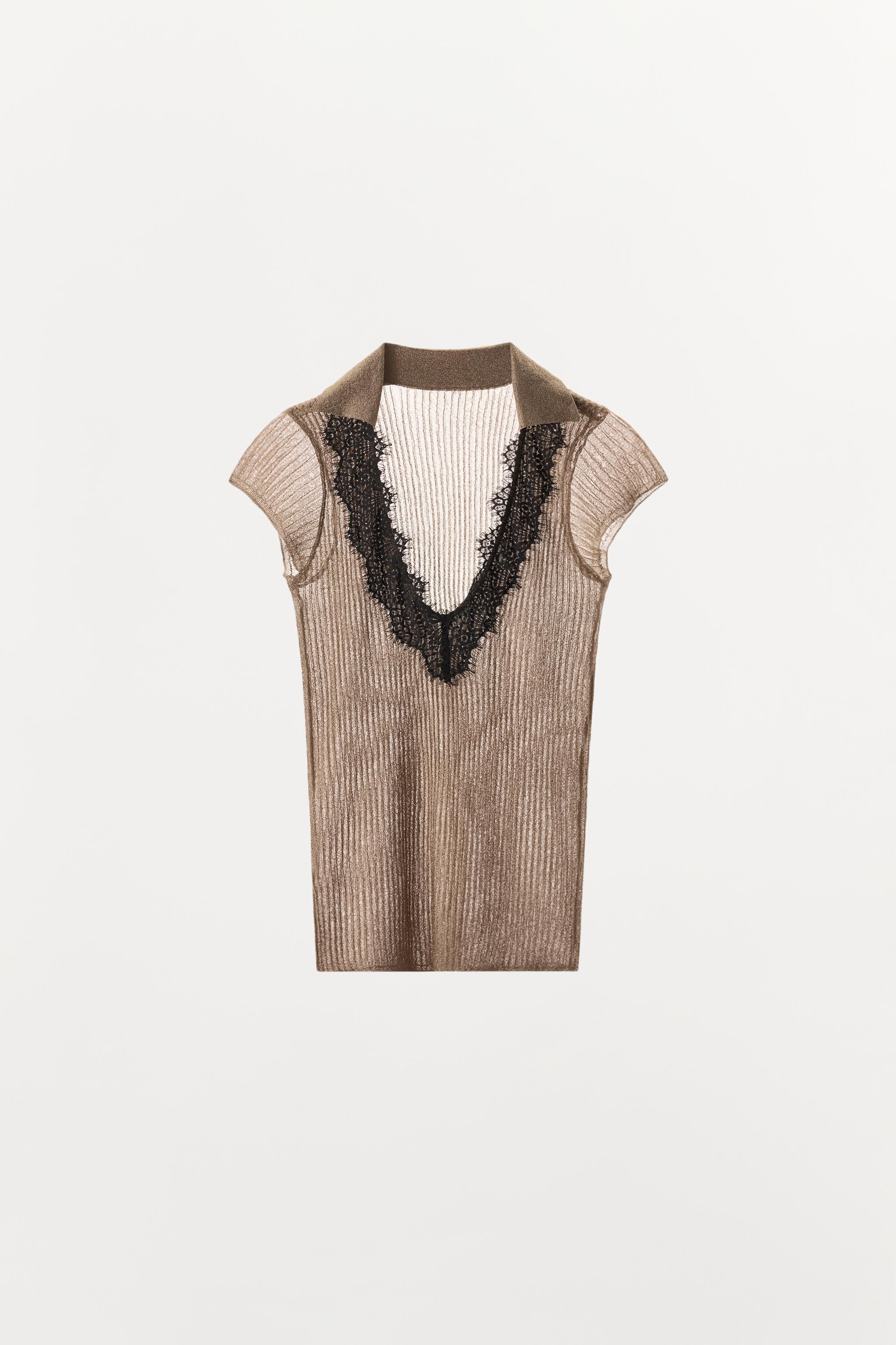 METALLIC YARN KNIT TOP WITH LACE