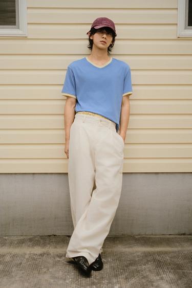Zara 撞色滾邊 V 領 T 恤 - 中藍色