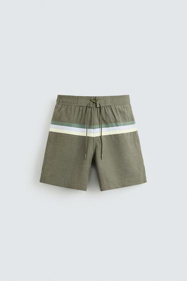 STRIPED LONG SWIMMING TRUNKS - Khaki by Zara