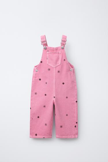 TWILL DUNGAREES WITH EMBROIDERED FLOWERS - Pink by Zara