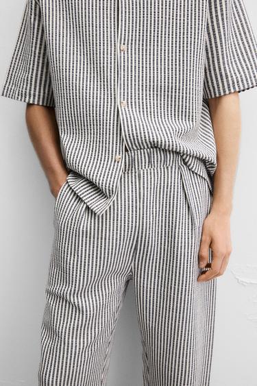 RELAXED FIT SEERSUCKER TROUSERS - Ecru / Navy by Zara - Image 4