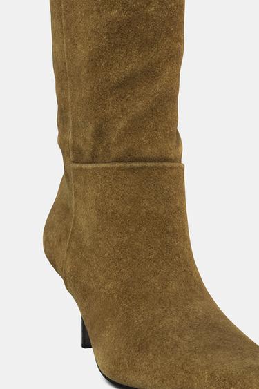SPLIT SUEDE STILETTO HEEL BOOTS - Olive Green by Zara - Image 4