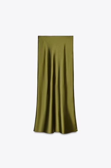 Zara 緞面中長裙 - 深橄欖綠色
