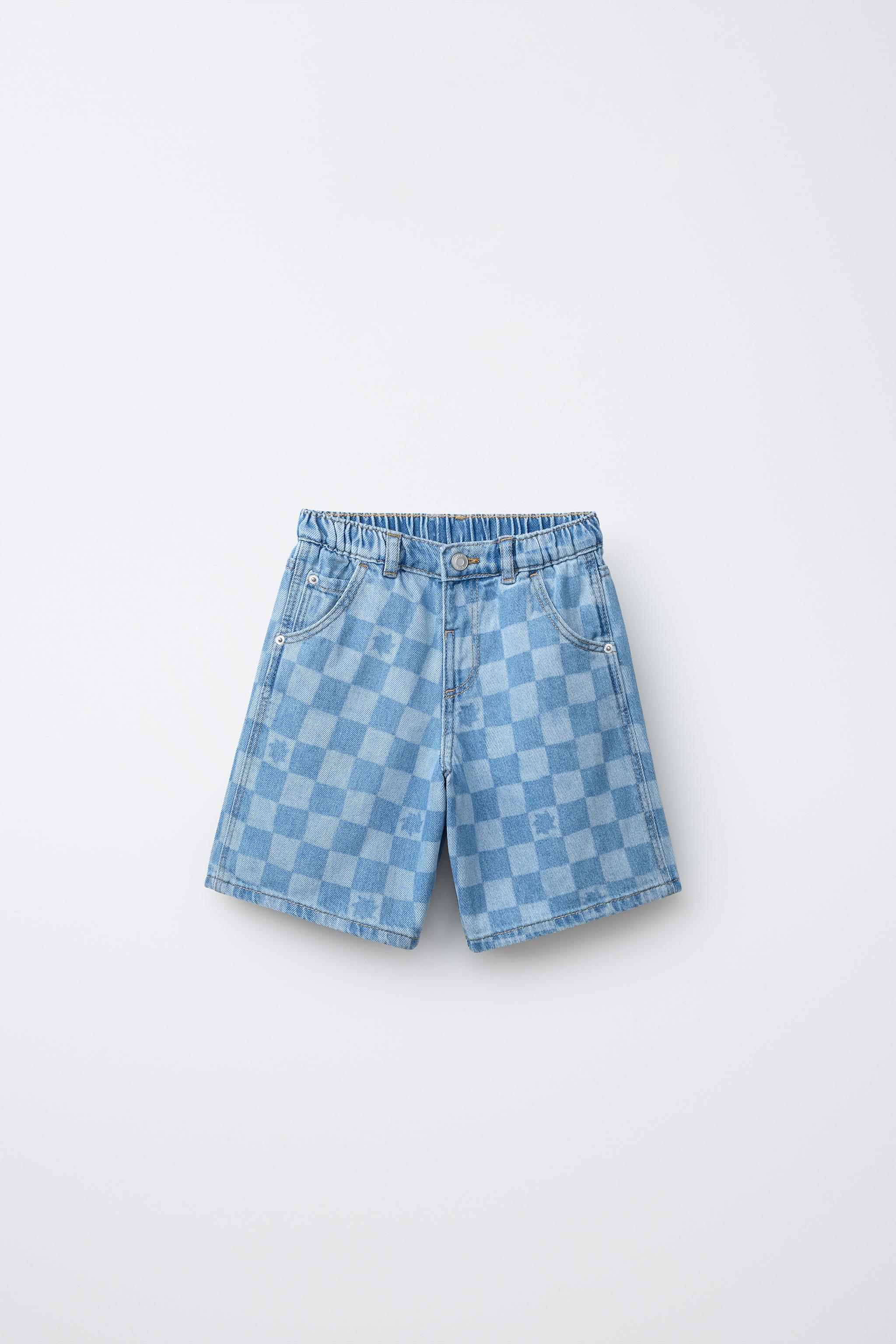 CHECKERBOARD DENIM SHORTS