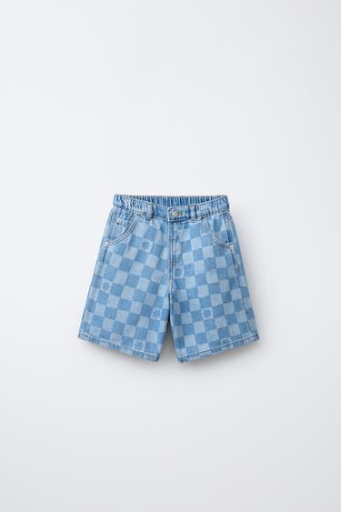 SHORT EN JEAN DAMIER - Bleu clair de Zara