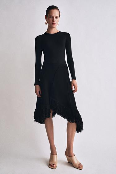 Zara 不對稱流蘇裙 - THE ITEM - 黑色
