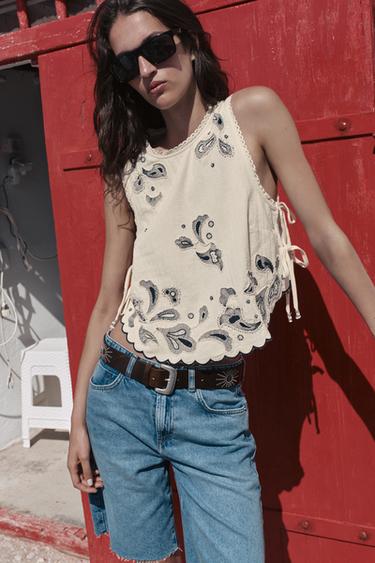 BEADED EMBROIDERY TOP - Oyster-white by Zara
