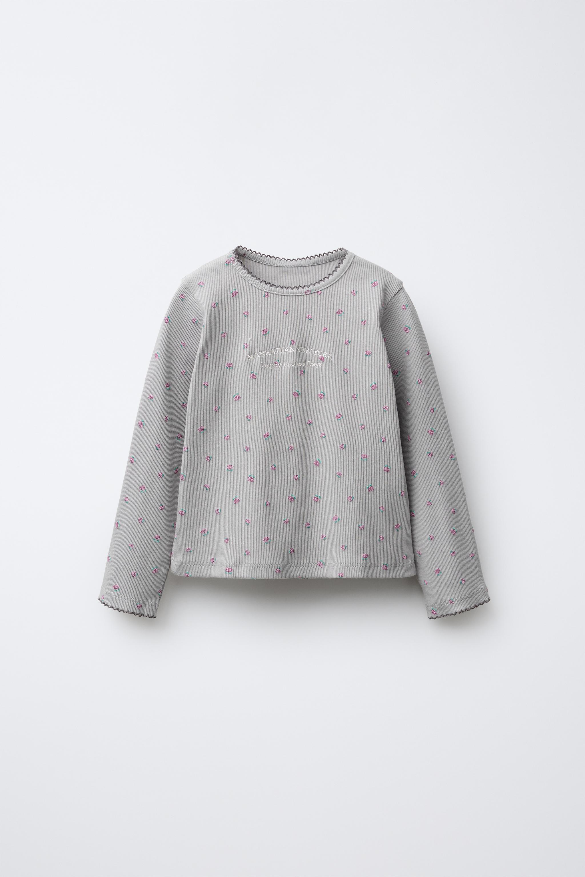 RIBBED FLORAL T-SHIRT WITH EMBROIDERED SLOGAN - Light grey