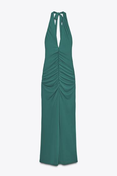 VESTIDO LARGO HALTER FRUNCES - Verde pato de Zara