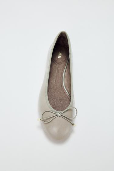 Zara LEATHER BALLET FLATS WITH BOW - Gray