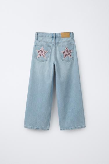 WIDE-LEG JEANS WITH ANIMAL PATCHES - Light blue by Zara