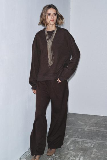 Zara SOFT WIDE LEG PANTS - Chocolate