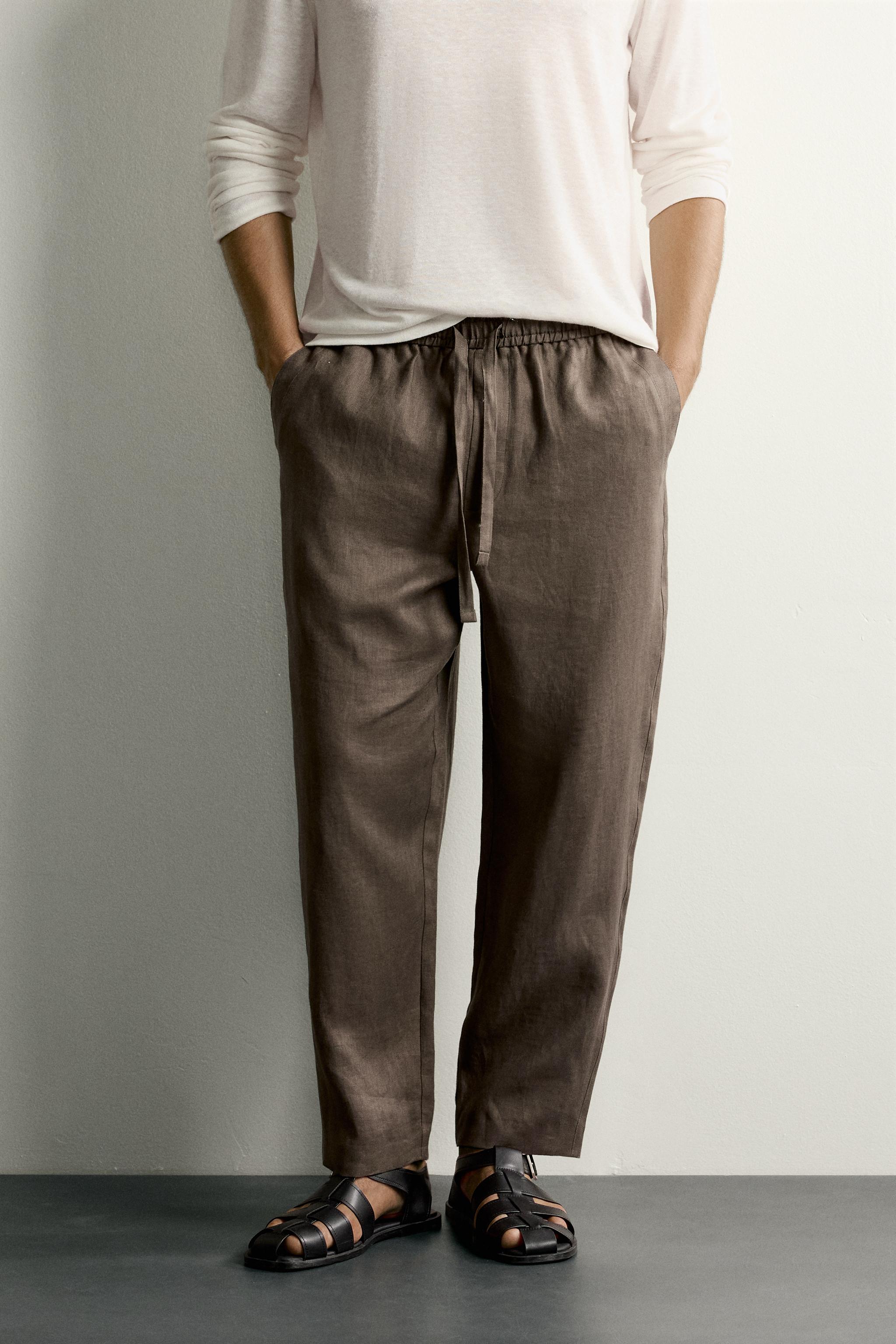 RELAXED FIT 100% LINEN PANTS — Brown / Taupe