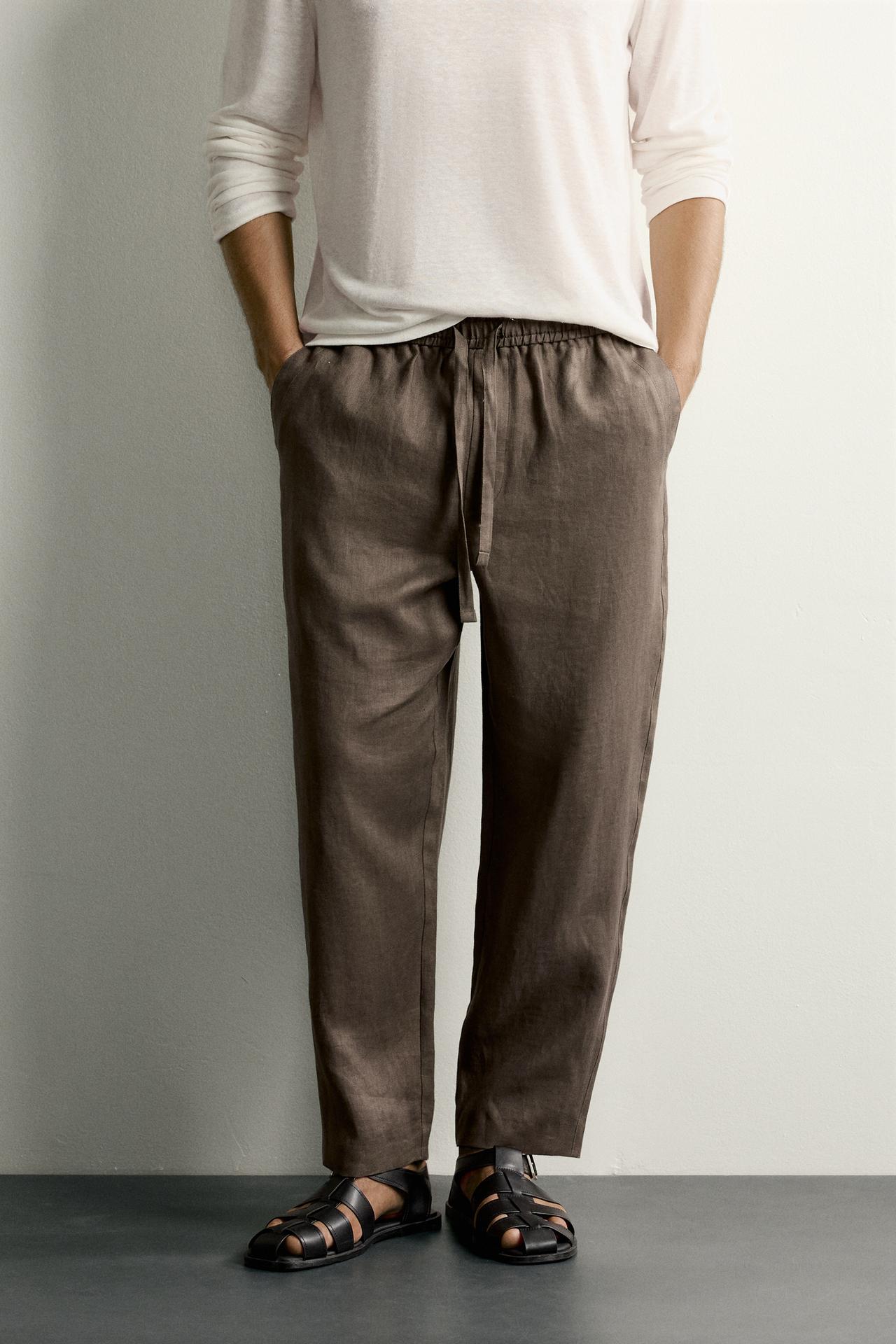 100% LINEN RELAXED FIT PANTS — Brown / Taupe