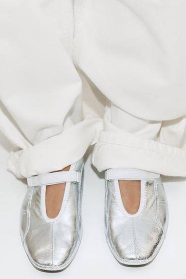 METALLIC LEATHER SPORTY BALLERINAS - Silver by Zara