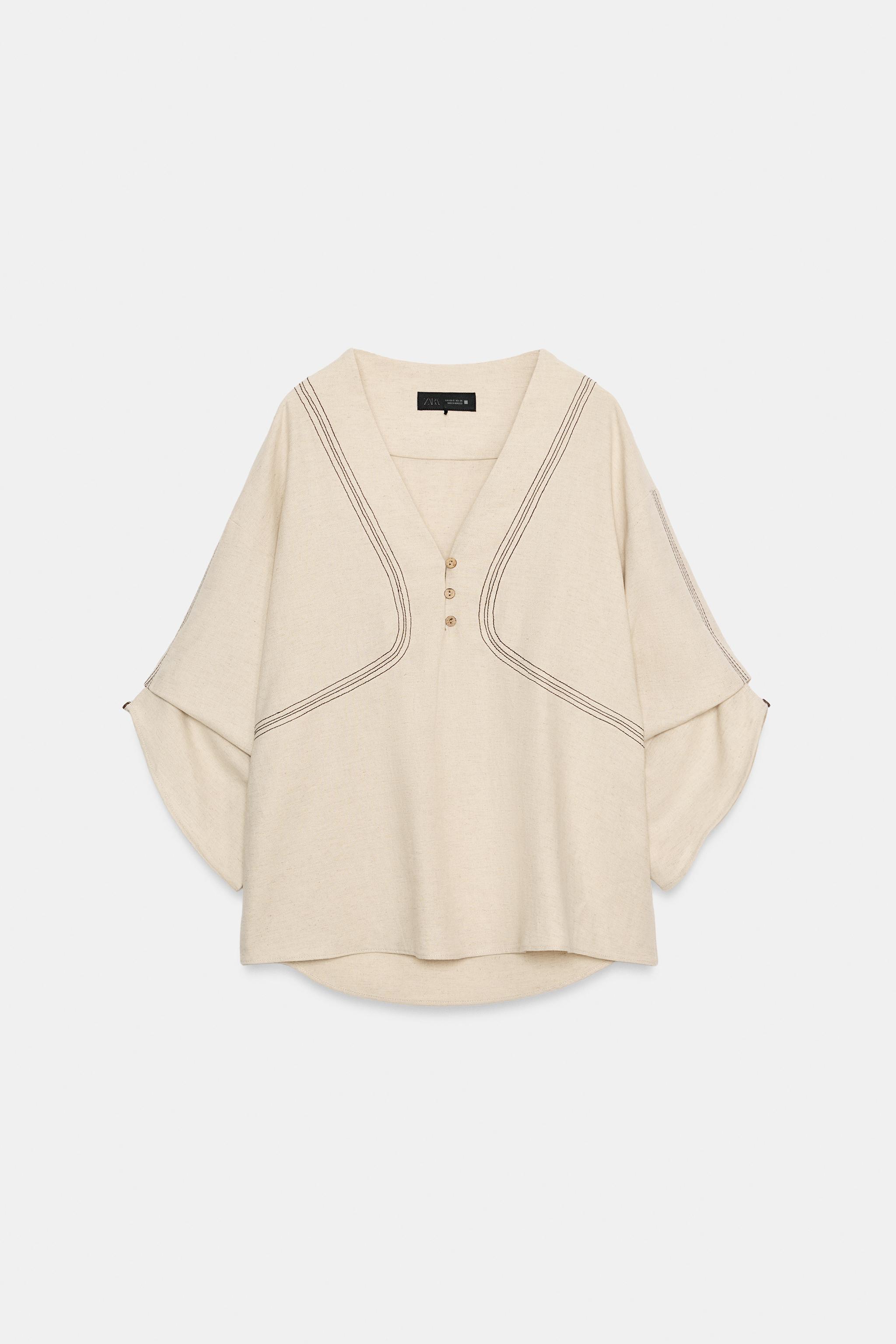 Женские рубашки Zara CONTRAST STITCH LINEN OVERSIZED SHIRT — фото 6