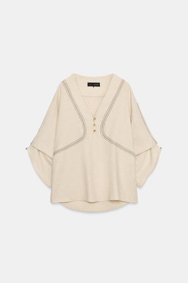 Zara CONTRAST STITCH LINEN OVERSIZED SHIRT - Light beige