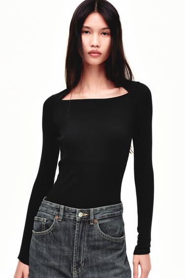 RIBBED LONG SLEEVE T-SHIRT - Black by Zara