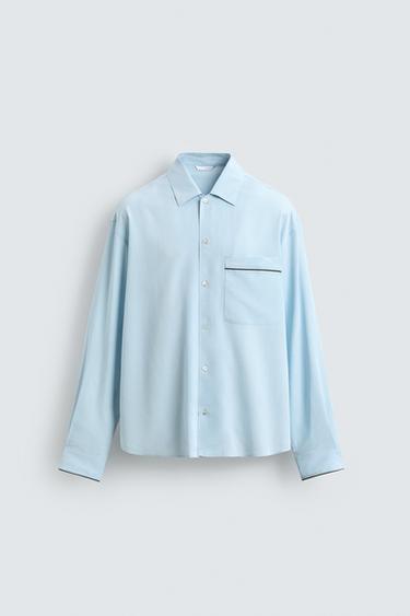 Zara CONTRAST PIPING STRIPED SHIRT - Light blue
