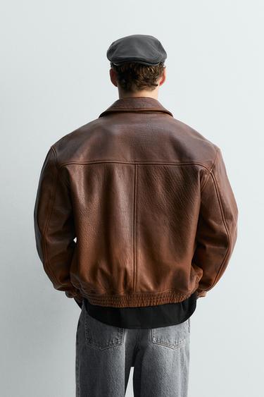 Zara VINTAGE EFFECT LEATHER JACKET LIMITED EDITION - Brandy