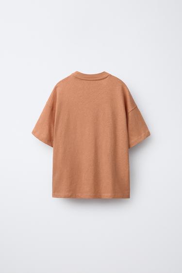 COTTON AND LINEN SLOGAN T-SHIRT - Ochre by Zara - Image 1